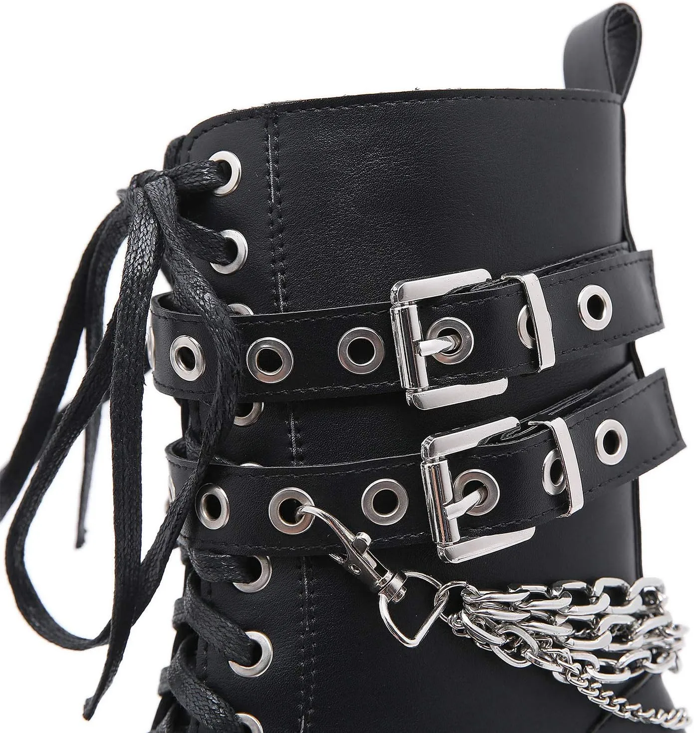Erocalli Fashion Chain Goth Platform Boots for Women Lace up Chunky Heeled Studded Combat Motorcycle Ankle Booties
