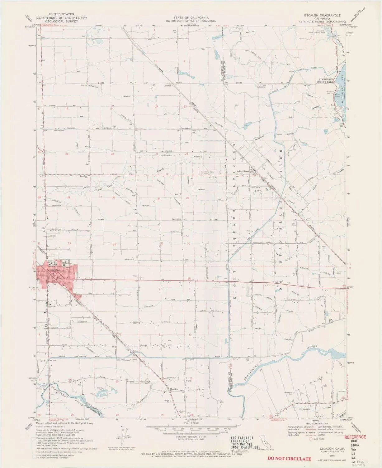 Escalon CA topo map, 1:24000 Scale, 7.5 X 7.5 Minute, Historical, 1968, Updated 1971, 27.2 x 22.3 in