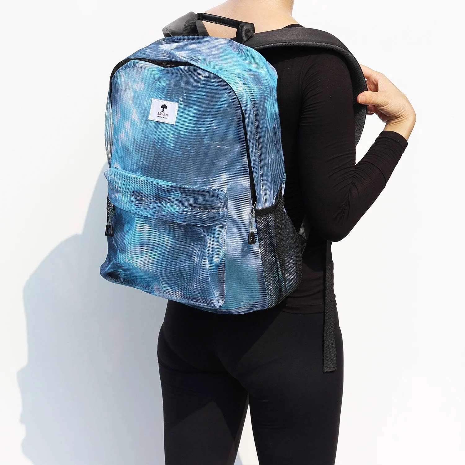 ESVAN Original Print Mesh Backpack Semi-Transparent Sackpack See Through Beach Bag Daypack Multi-Purpose Women Men Unisex