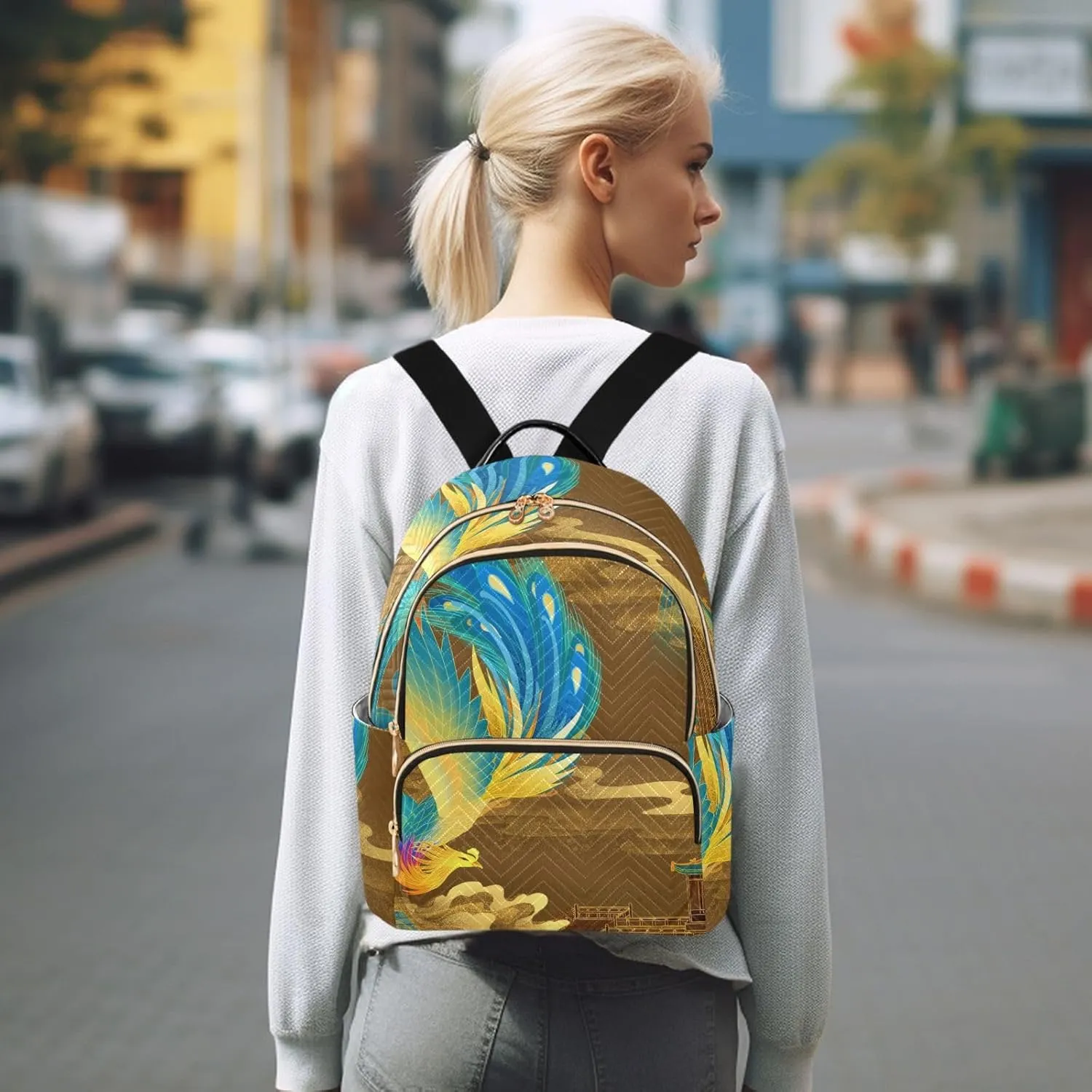 Exnundod Backpack Purse for Women Chinese Phoenix, Mini Fashion Backpack Retro Palaces Lightweight Casual Daypack Shoulder Bag Travel Backpack, Medium