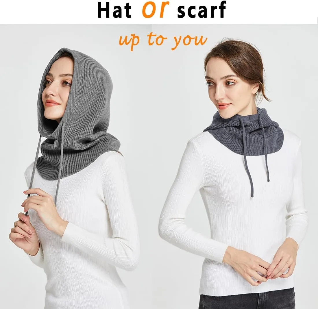 Facecozy Winter Hats for Women, Wool Blend Hooded Scarf Hat for Women Balaclava Knit Skull Cap Beanie Hat Men Neck Gaiters