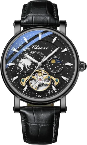 FANMIS Men's Mechanical Watch Luxury Skeleton Hollow Mechanical Watch Automatic Winding Luminous Waterproof Business Dress Wrist Watch (pi Quan HEI)