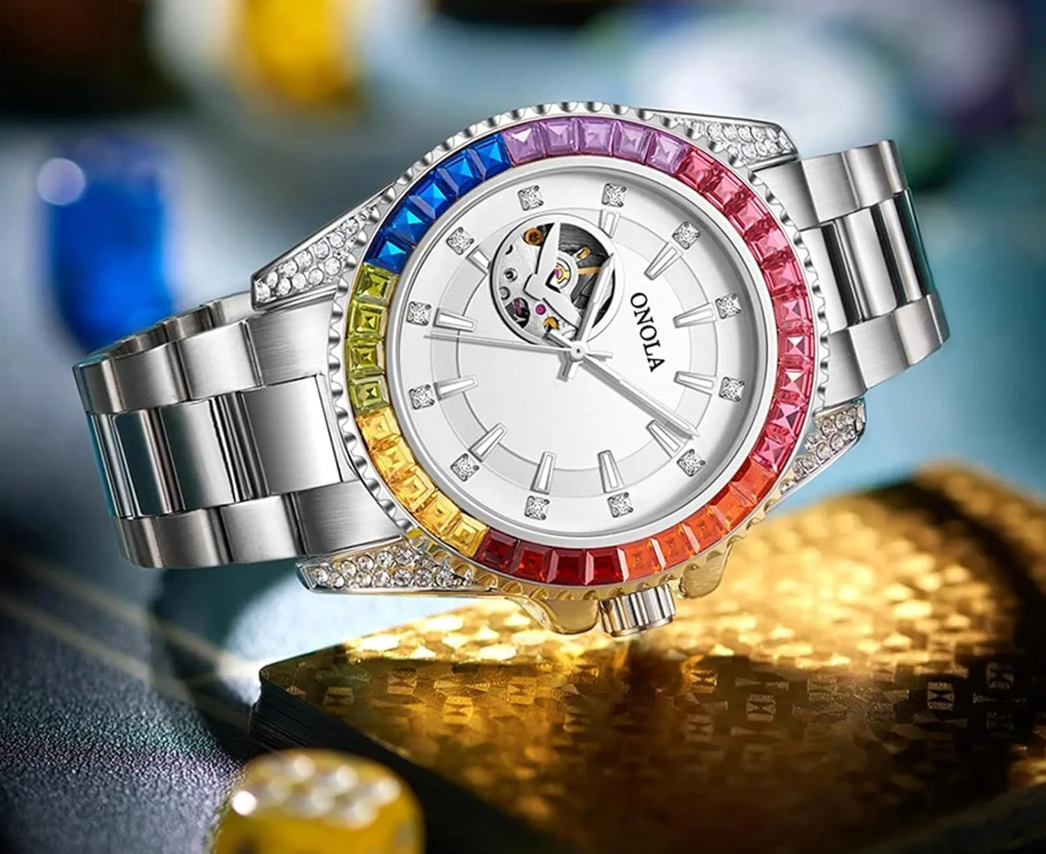 FANMIS Rainbow Diamond Fully Automatic Mechanical Watch Men's Solid Core Steel Strip Waterproof Wrist Watch