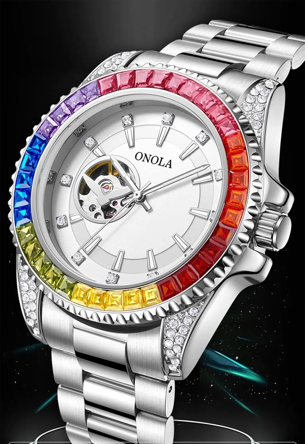 FANMIS Rainbow Diamond Fully Automatic Mechanical Watch Men's Solid Core Steel Strip Waterproof Wrist Watch