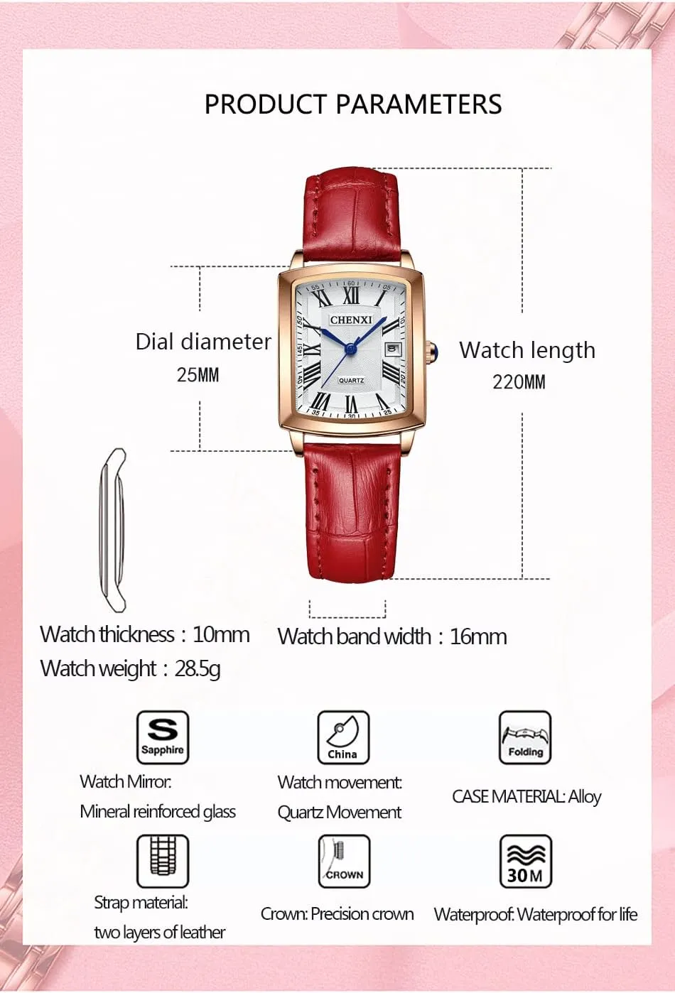 FANMIS Womens Watches Rose Gold Case Roman Numeral Luxury Wristwatch Square Brown Leather Strap Watch
