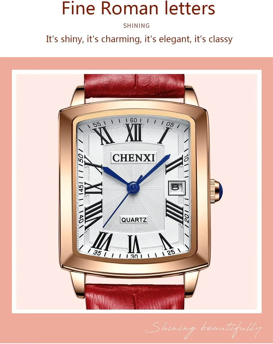 FANMIS Womens Watches Rose Gold Case Roman Numeral Luxury Wristwatch Square Brown Leather Strap Watch