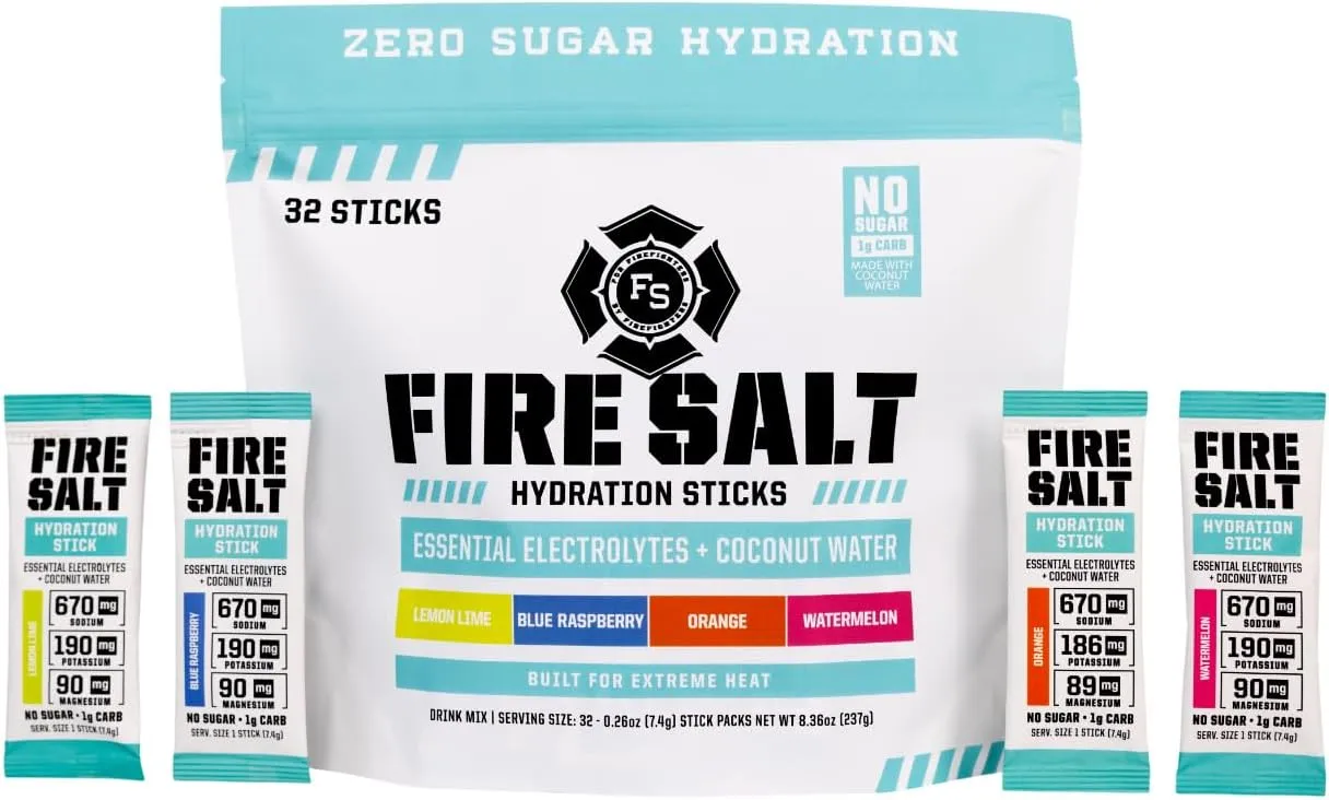 Fire Science Fire Salt Hydration Sticks, Electrolytes & Coconut Water, Hydration Drink Mix with Magnesium, Potassium & Sodium, Zero Sugar, Single Serve On The Go Packs, Variety Pack Flavors, 32 Count
