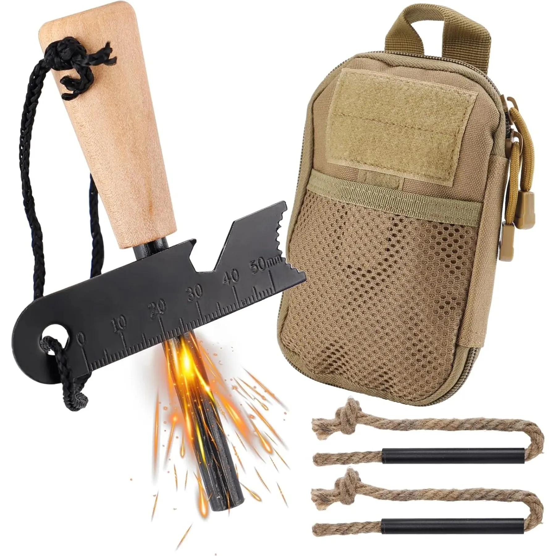 Fire Starter Kit with Magnesium Rod Wick Rope and Bag
