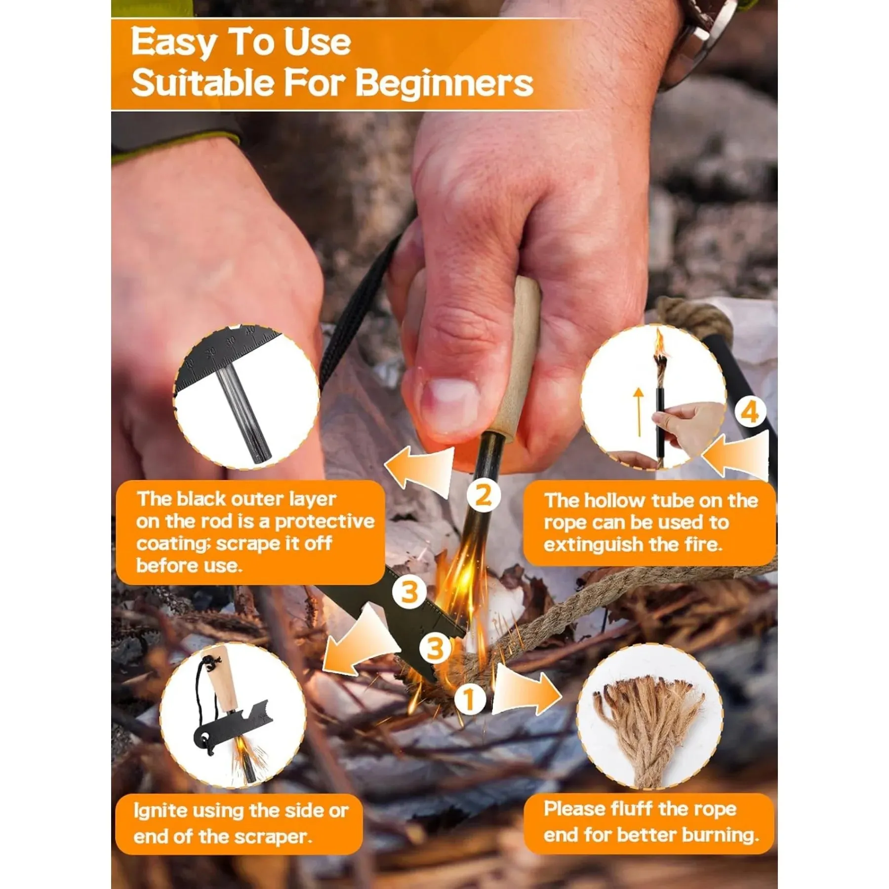 Fire Starter Kit with Magnesium Rod Wick Rope and Bag