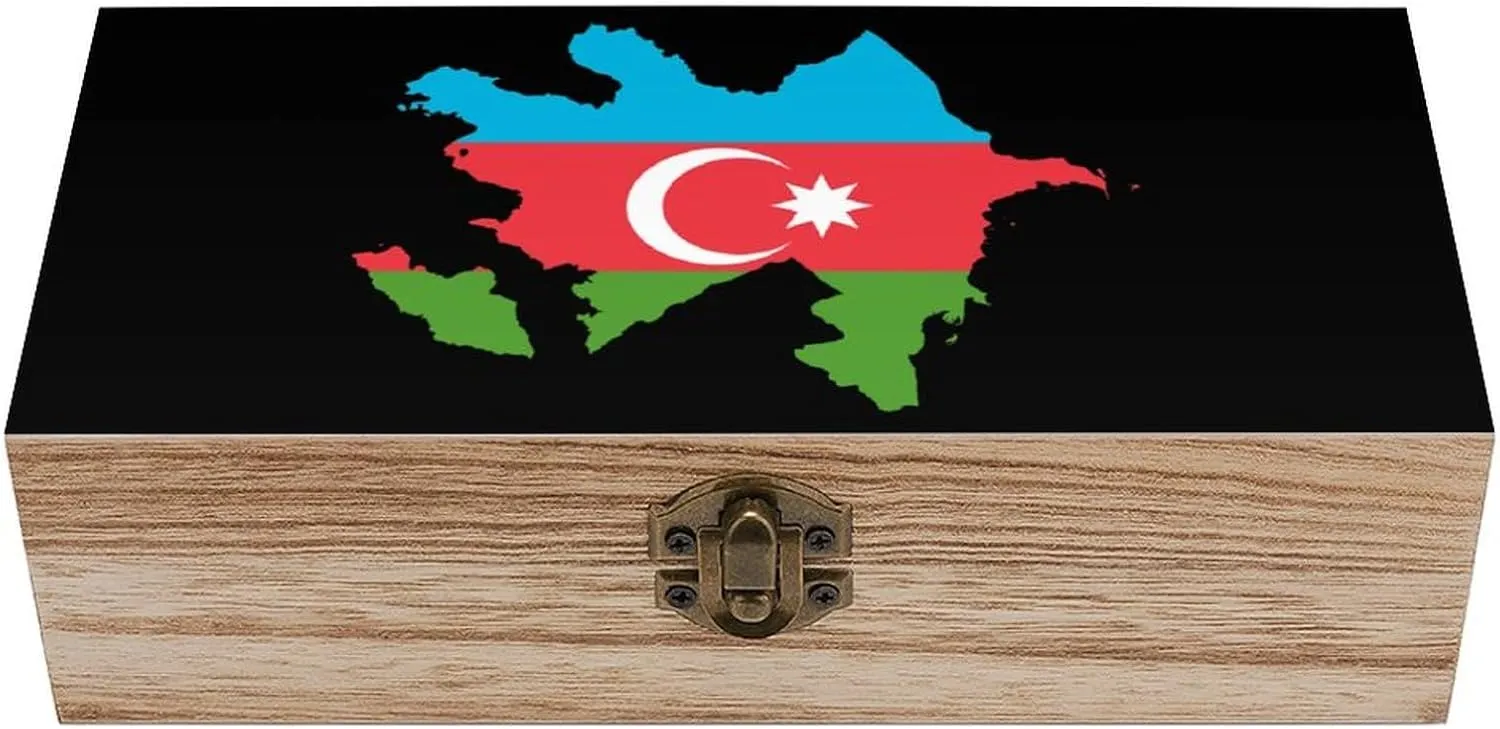 Flag Map of Azerbaijan Patterned Wood Box Jewelry Storage Boxes Wooden Container Art Case Decor 8x4x2.3 Inches for Home
