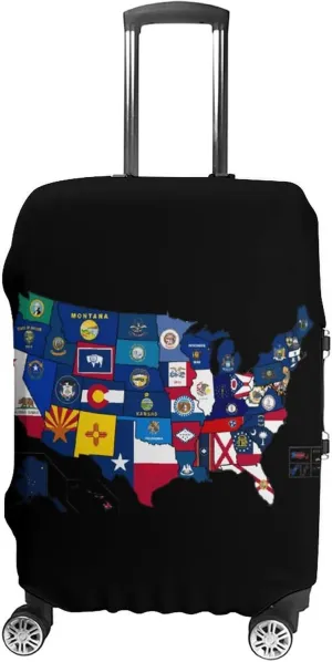 Flag Map of U.S. States and Territories Luggage Case Cover Travel Protector Washable Suitcase Covers Fit 19-32 Inch Luggage