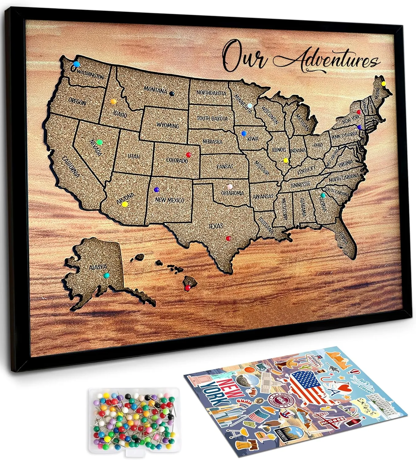 flinelife Cork Board Usa Travel Map With Pins, 12x10, Medium Size, Map of United States, Perfect For Couples and Families Gift