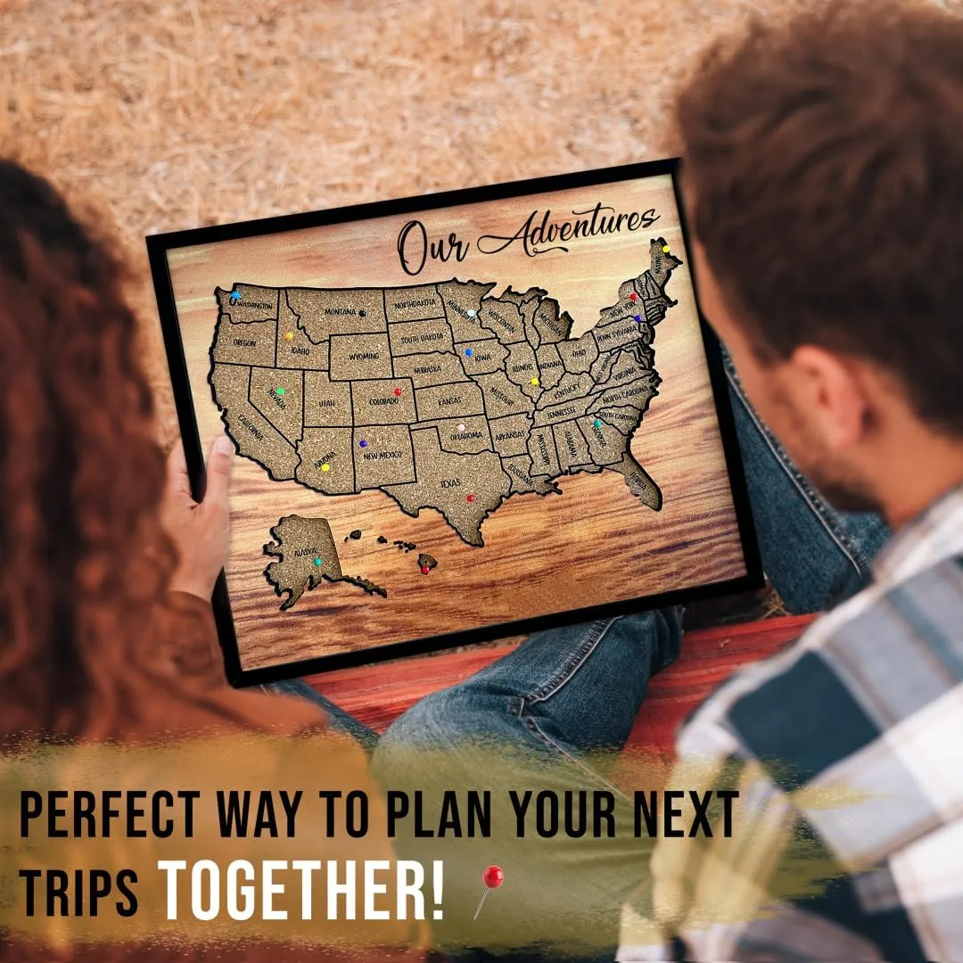 flinelife Cork Board Usa Travel Map With Pins, 12x10, Medium Size, Map of United States, Perfect For Couples and Families Gift