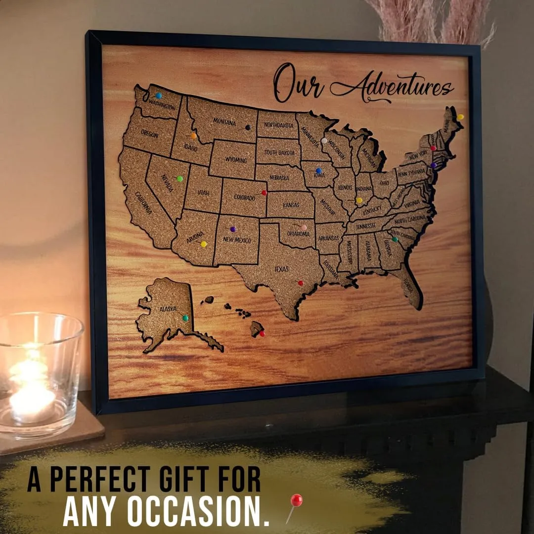 flinelife Cork Board Usa Travel Map With Pins, 12x10, Medium Size, Map of United States, Perfect For Couples and Families Gift