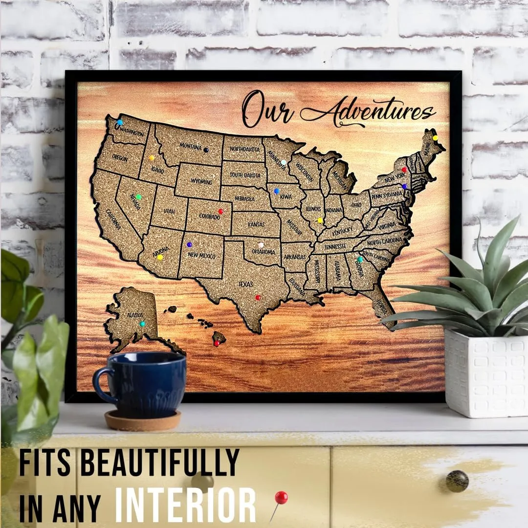 flinelife Cork Board Usa Travel Map With Pins, 12x10, Medium Size, Map of United States, Perfect For Couples and Families Gift