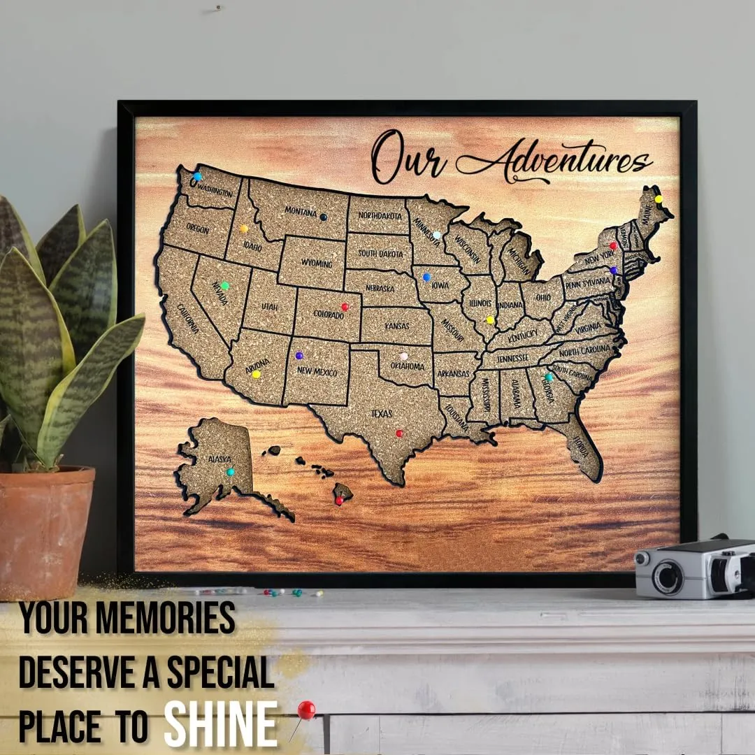 flinelife Cork Board Usa Travel Map With Pins, 12x10, Medium Size, Map of United States, Perfect For Couples and Families Gift