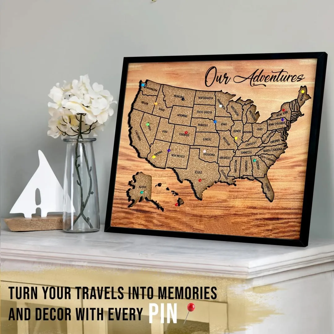 flinelife Cork Board Usa Travel Map With Pins, 12x10, Medium Size, Map of United States, Perfect For Couples and Families Gift