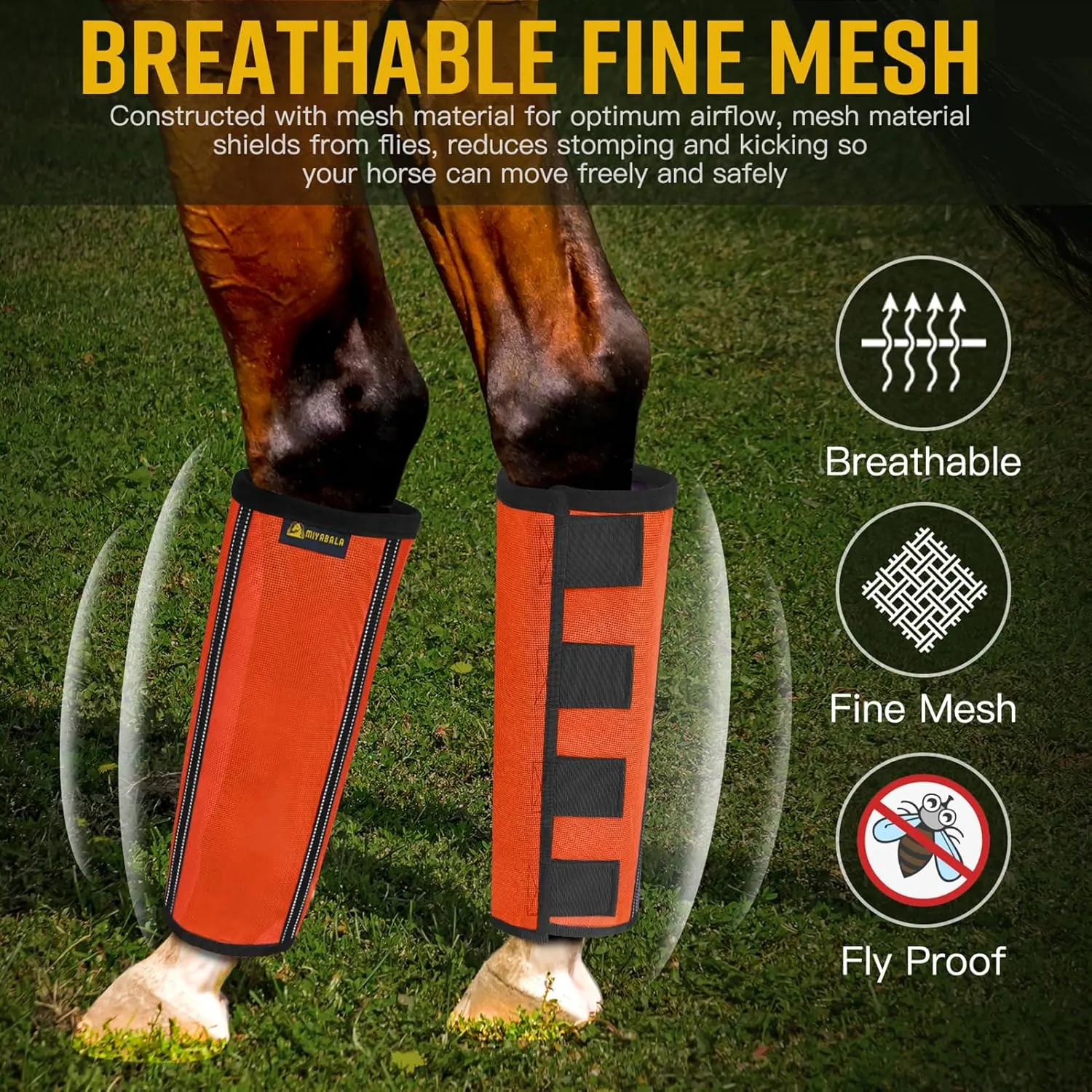 Fly Boots for Horses Set of 4,Extra Tough Mesh Horse Fly Boots with 2 Built-in Metal Supports,Breathable Fly Leggings for Horses with Fleece Trimming and Reflective Webbing (Orange, Medium)