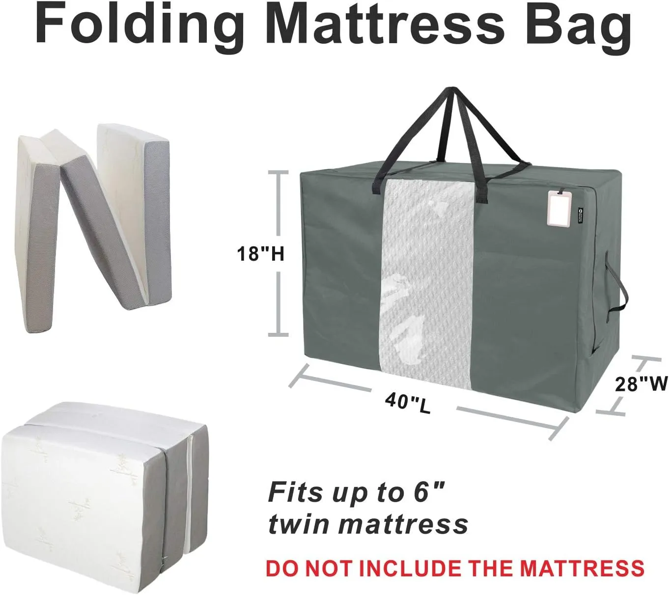 Folding Mattress Storage Bag - Durable Carry Case Fits for Tri-Fold Up to 6 inches Twin Mattress, Grey