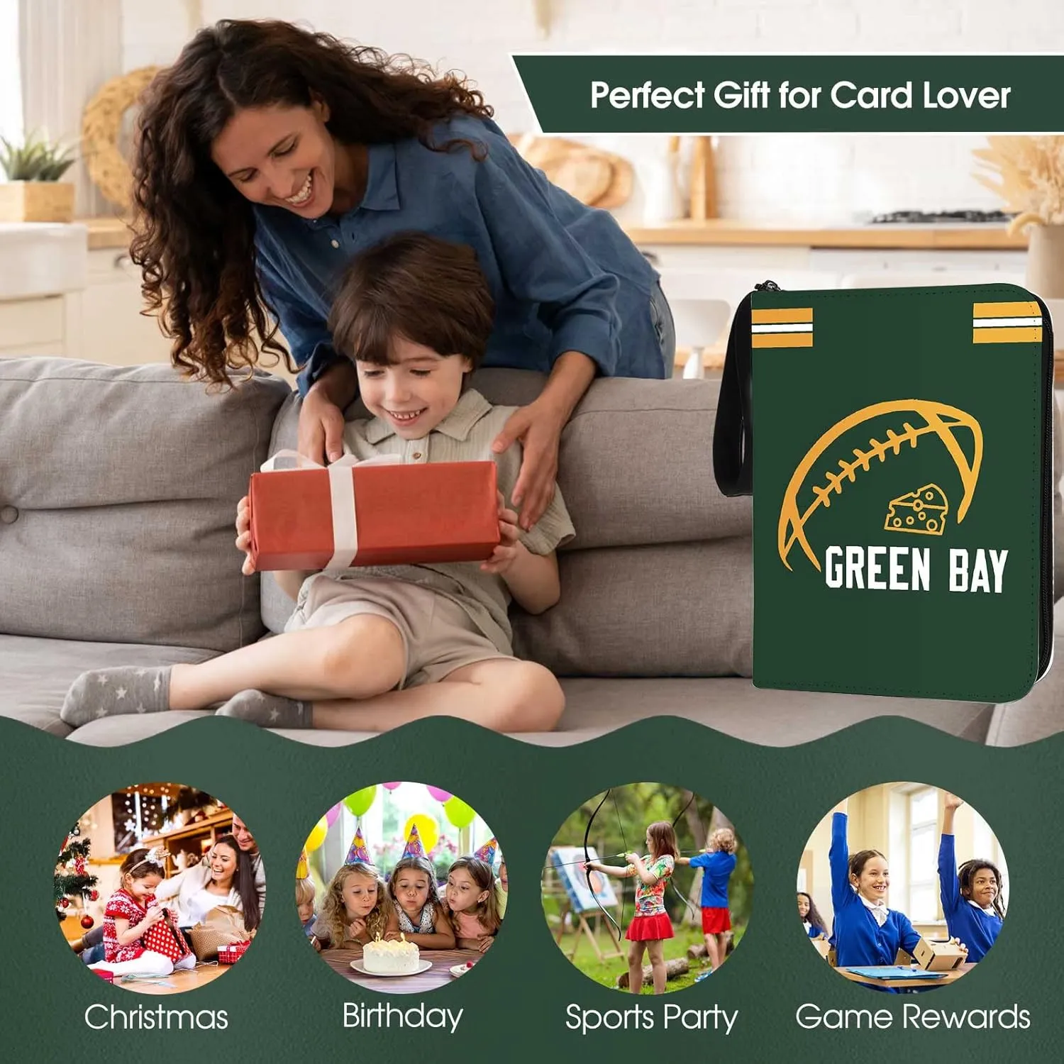 Football Card Binder with Sleeves 400 Pocket, Green Bay Football Card Holder for Trading Cards Sports Card 3 Ring Binder Folder Football Collector Album Storage Book Case Kids Boys Girls Gift