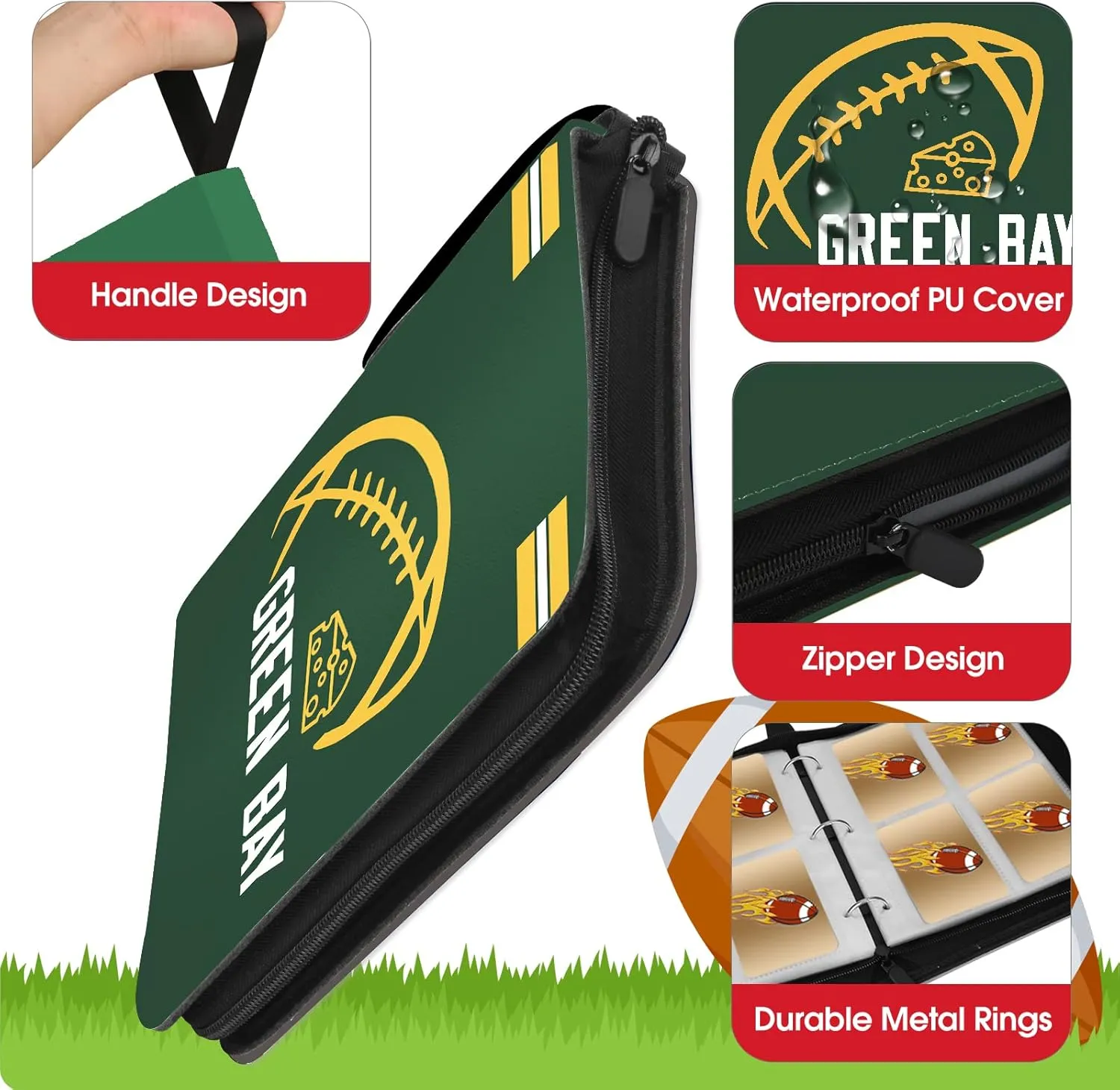 Football Card Binder with Sleeves 400 Pocket, Green Bay Football Card Holder for Trading Cards Sports Card 3 Ring Binder Folder Football Collector Album Storage Book Case Kids Boys Girls Gift