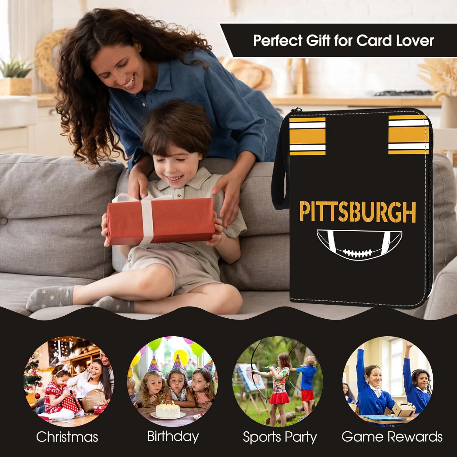 Football Card Binder with Sleeves 900 Pocket, Pittsburgh Football Card Holder for Trading Cards Sports Card 3 Ring Binder Folder Football Collector Album Storage Book Case Kids Boys Girls Gift