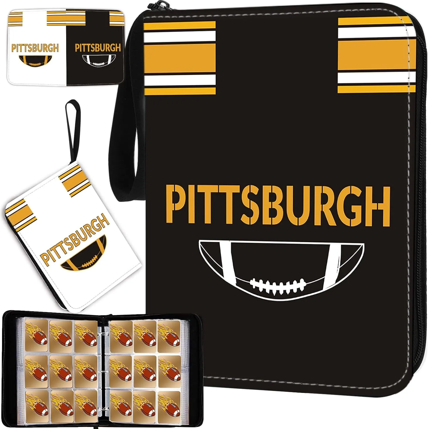 Football Card Binder with Sleeves 900 Pocket, Pittsburgh Football Card Holder for Trading Cards Sports Card 3 Ring Binder Folder Football Collector Album Storage Book Case Kids Boys Girls Gift