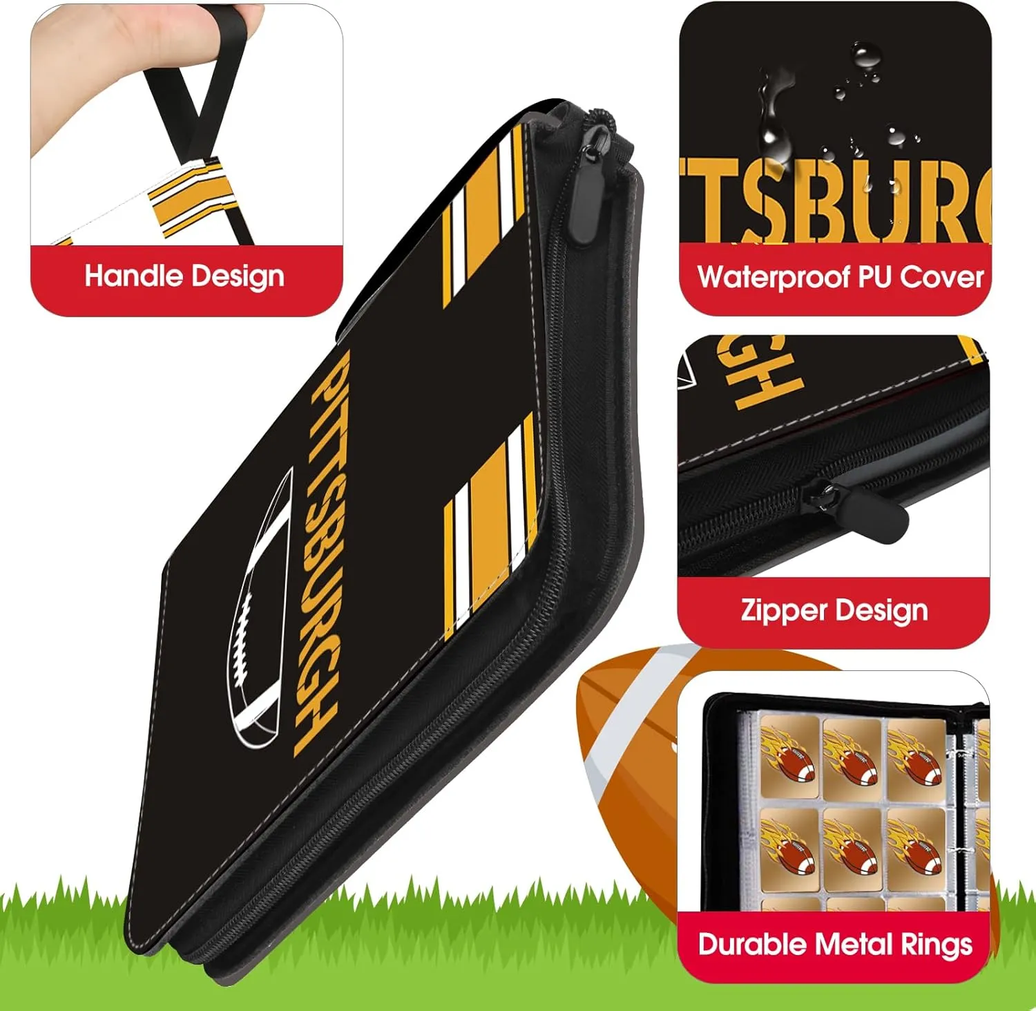 Football Card Binder with Sleeves 900 Pocket, Pittsburgh Football Card Holder for Trading Cards Sports Card 3 Ring Binder Folder Football Collector Album Storage Book Case Kids Boys Girls Gift