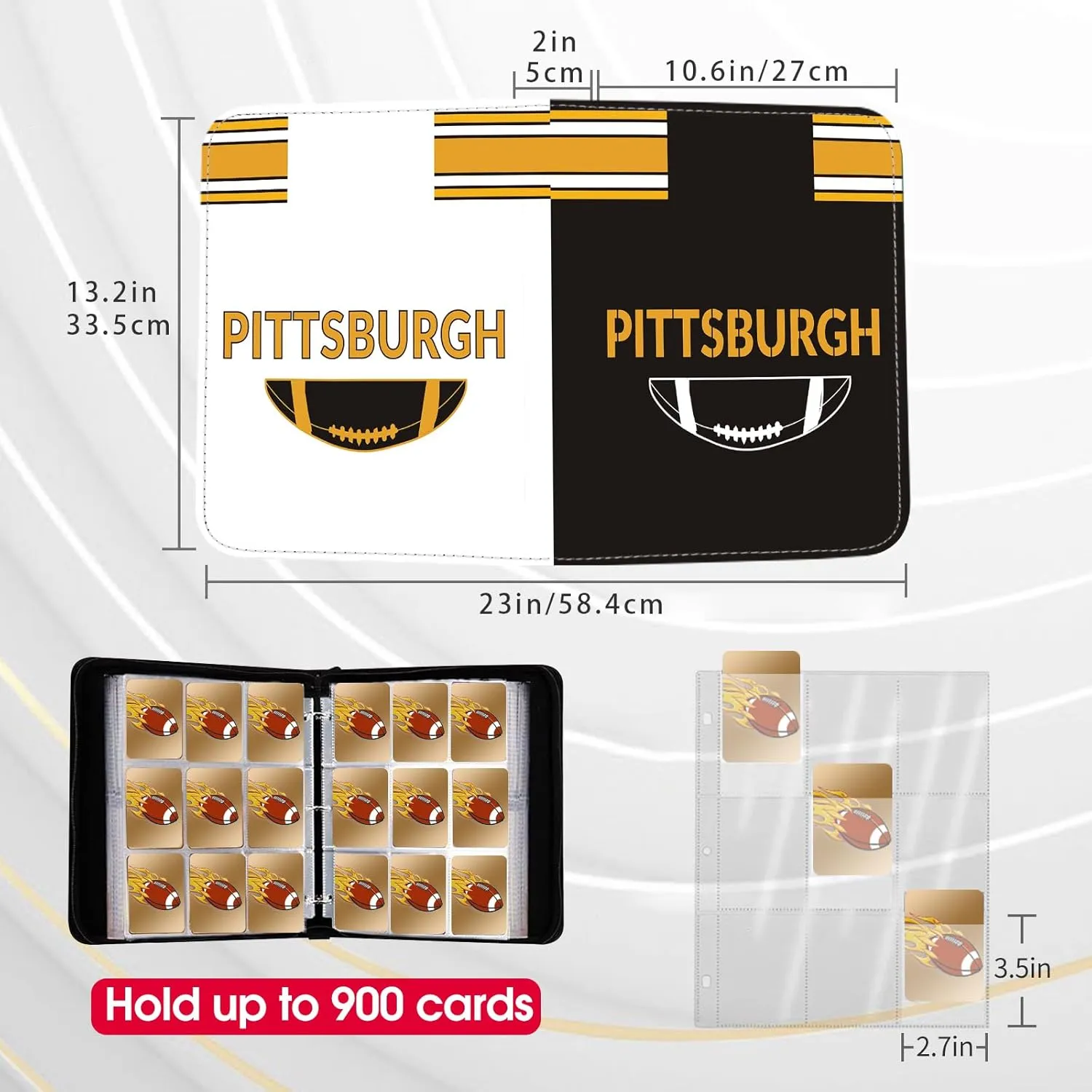 Football Card Binder with Sleeves 900 Pocket, Pittsburgh Football Card Holder for Trading Cards Sports Card 3 Ring Binder Folder Football Collector Album Storage Book Case Kids Boys Girls Gift