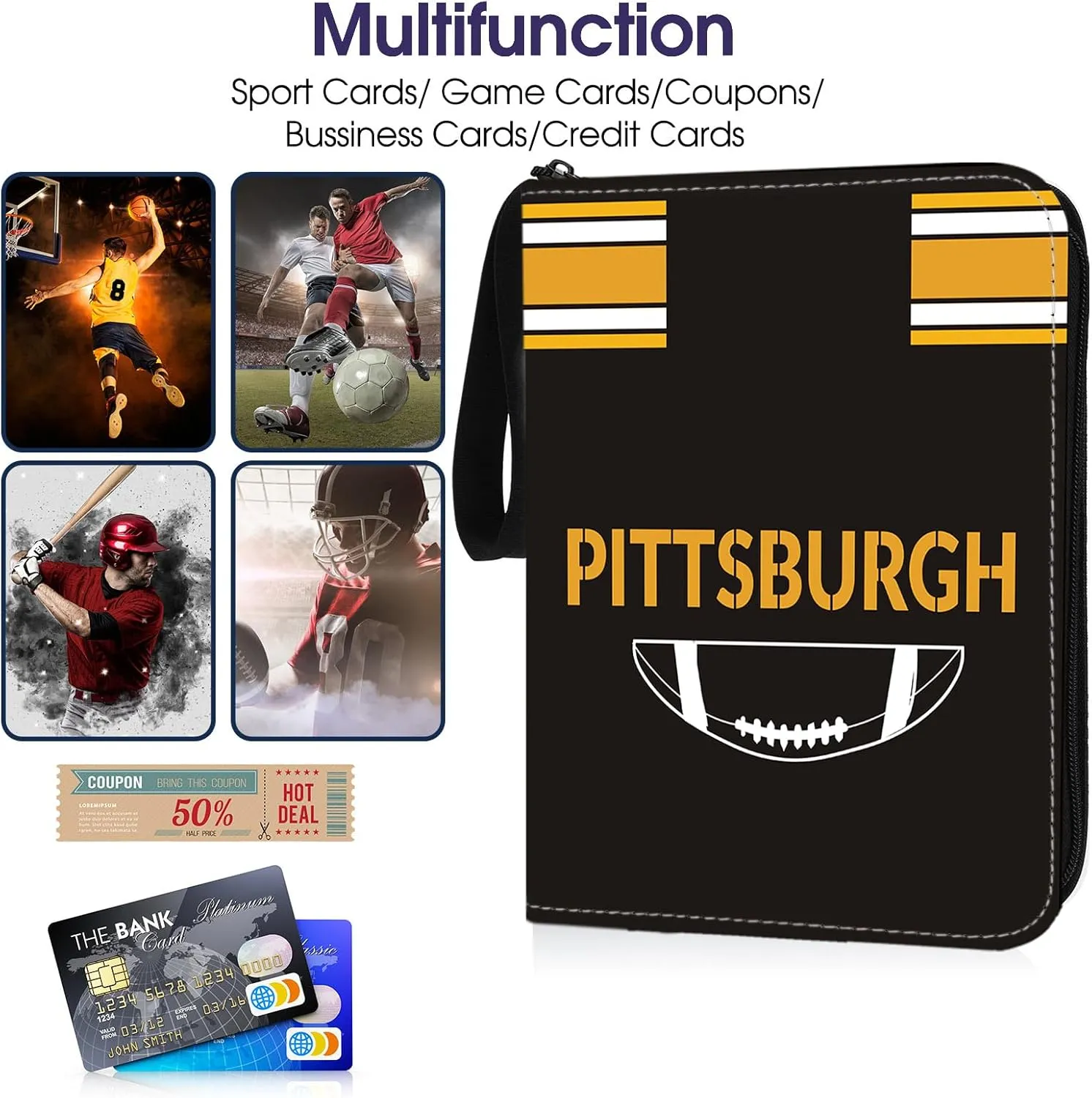 Football Card Binder with Sleeves 900 Pocket, Pittsburgh Football Card Holder for Trading Cards Sports Card 3 Ring Binder Folder Football Collector Album Storage Book Case Kids Boys Girls Gift