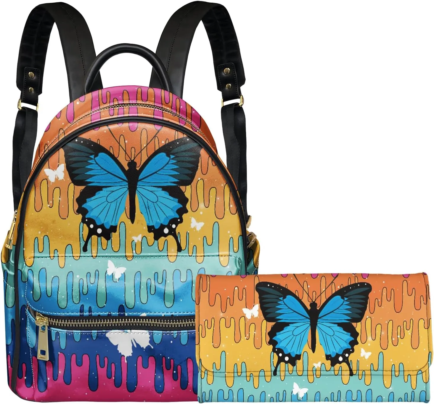 Forchrinse Blue Butterfly Rainbow Tie Dye Womens Small Backpack Purse Set of 2 Leather Backpack Shoulder Bag with Long Purse Clutch Waterproof