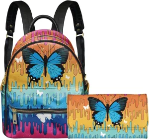 Forchrinse Blue Butterfly Rainbow Tie Dye Womens Small Backpack Purse Set of 2 Leather Backpack Shoulder Bag with Long Purse Clutch Waterproof