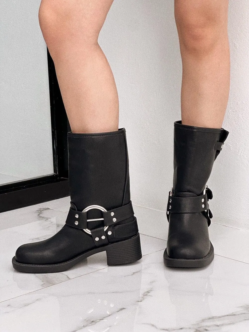 Forever Link Ivanka-22 Womens Side Adjustable Buckle Detail Chunky Sole Mid Calf Boot