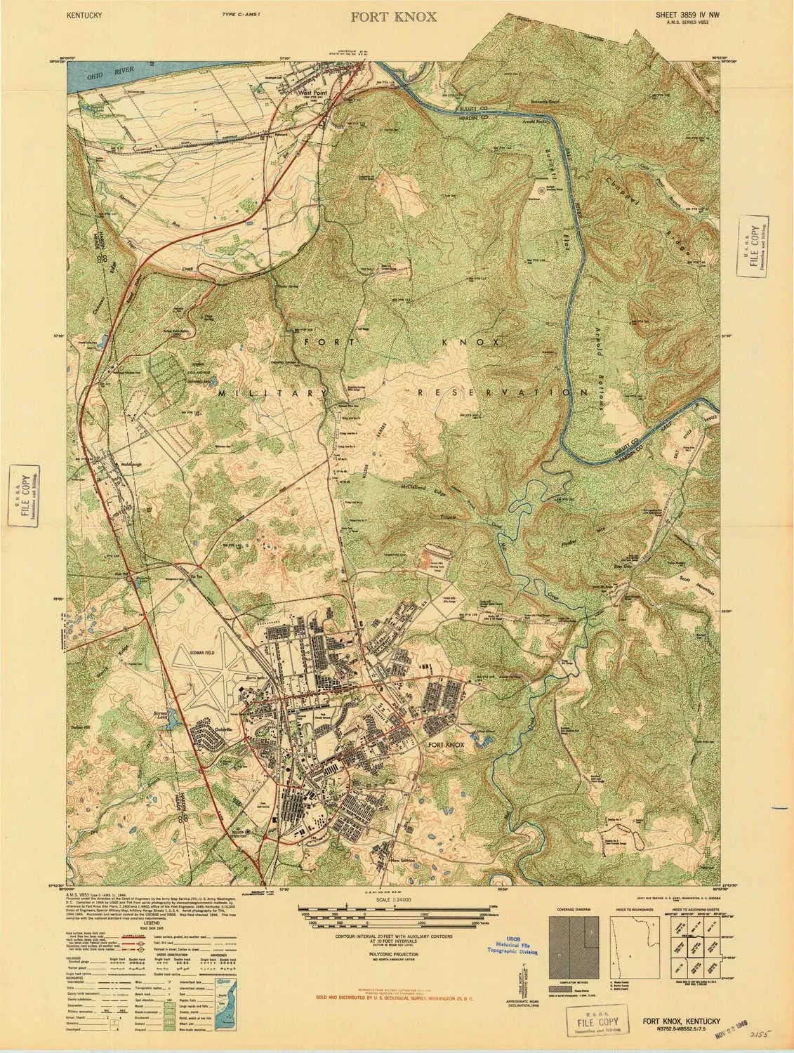 Fort Knox KY topo map, 1:24000 Scale, 7.5 X 7.5 Minute, Historical, 1946, 29.1 x 21.9 in