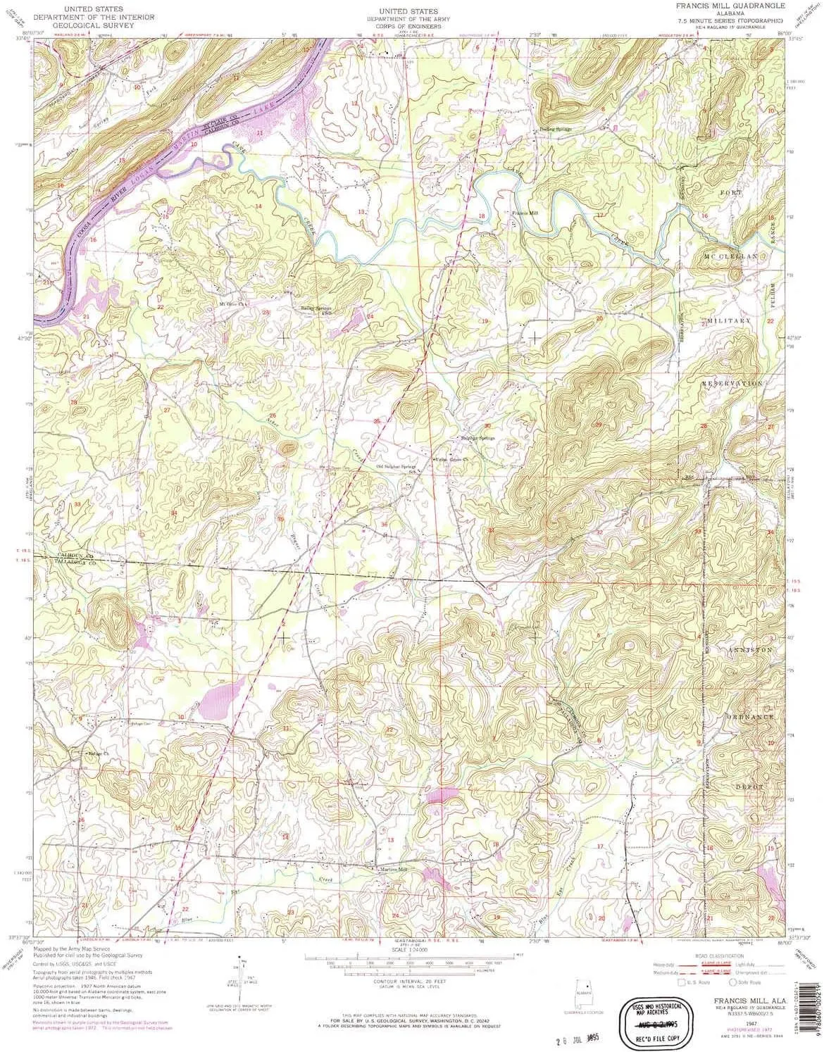 Francis Mill AL topo map, 1:24000 Scale, 7.5 X 7.5 Minute, Historical, 1947, Updated 1973, 26.7 x 22 in