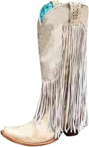 Fringe Pull-On Tabs Boots for Women Classic Western Cowgirl Boots Chunky Block Heel Almond Toe Wide Calf Tall Boots Stylish Suede Tassl Cowgirl Boots Vintage Country Boots for Ladies Travel