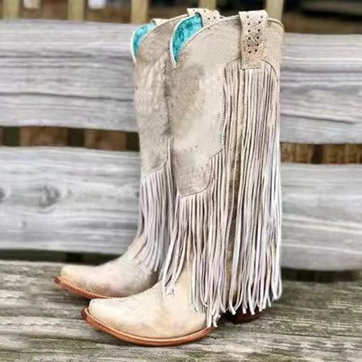 Fringe Pull-On Tabs Boots for Women Classic Western Cowgirl Boots Chunky Block Heel Almond Toe Wide Calf Tall Boots Stylish Suede Tassl Cowgirl Boots Vintage Country Boots for Ladies Travel