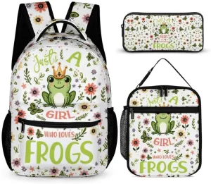 Frog Backpack with Lunch Box & Pencil Case for Kids Girls Boys School, 16 Inch Cute Frogs Bookbag, School Backpack for Students Children, Lightweight, Large Capacity