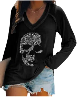 Fronage Womens Rhinestone Skull Tank Tops Long Short Sleeve Summer V Neck Sleeveless Shirts
