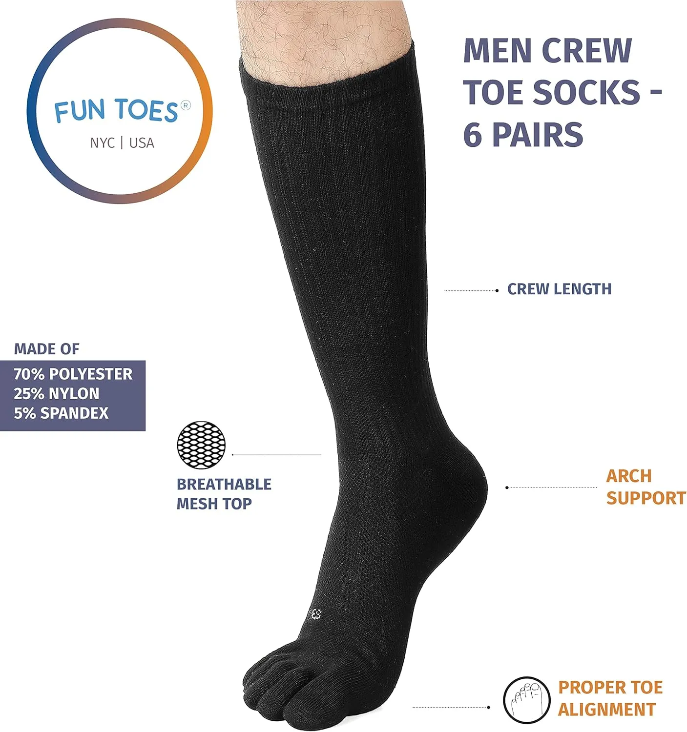 FUN TOES Men Crew Toe Socks Athletic Running - Proper Toe Alignment - Breathable Mesh Top - Value 6 Pairs Pack size 6-12