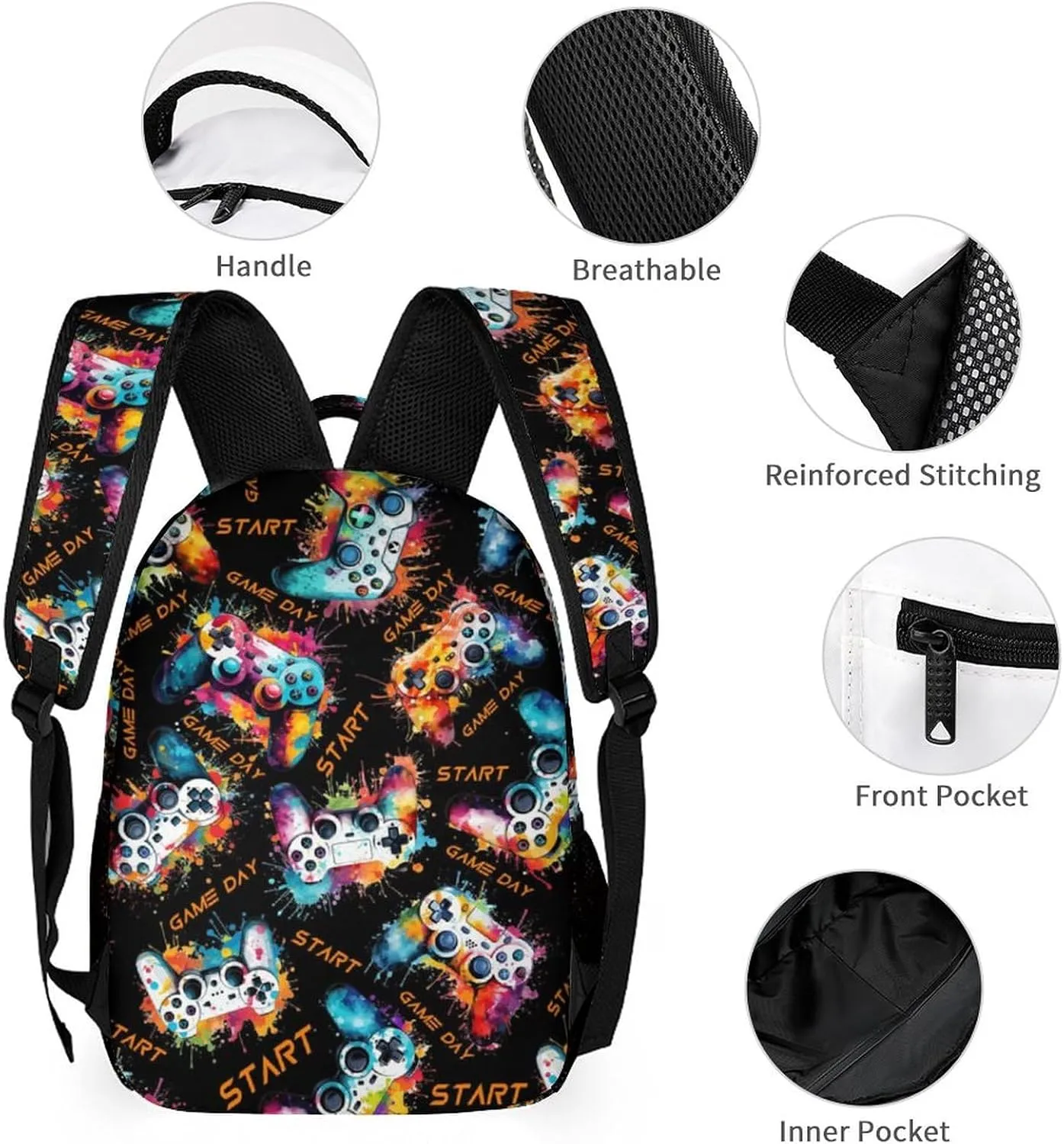 Gamepad School Backpack for Kids Girls Boys, 16 Inch Cute Gaming Themed Bookbag, Personalized School Backpack for Students Children, Lightweight, Large Capacity