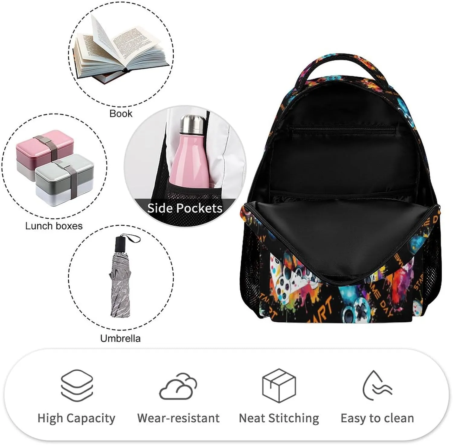 Gamepad School Backpack for Kids Girls Boys, 16 Inch Cute Gaming Themed Bookbag, Personalized School Backpack for Students Children, Lightweight, Large Capacity