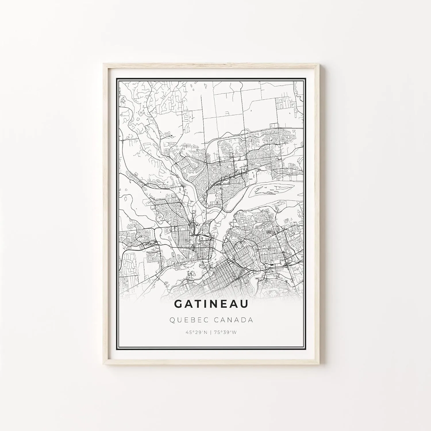 Gatineau Print, City Map Art Poster, Quebec QC Canada City street road map wall art, Wall Art Decor, Modern Black and White Style