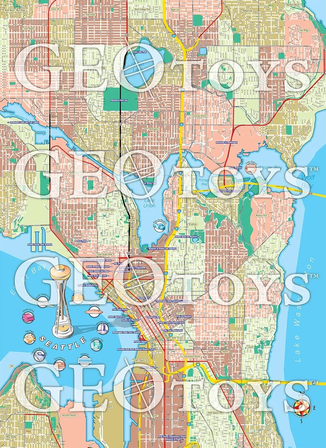 GeoToys Metropuzzle, Seattle Jigsaw Puzzles 1000 Pieces, Detailed Seattle Map Geography Puzzle, Challenging Adult Puzzle, Fun Puzzles for Adults, Map Poster Included