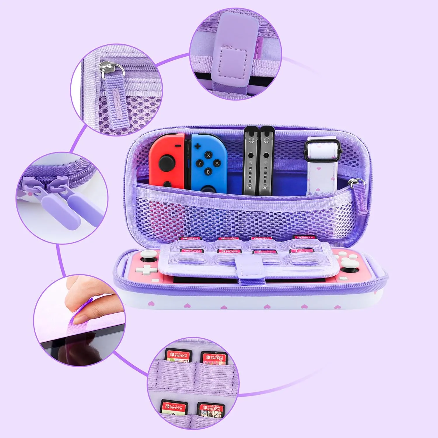 GLDRAM Purple Travel Carrying Case for Nintendo Switch Lite, Cute Accessories of Bunny with Durable Storage Bag, Silicon Protective Skin Cover, Screen Protector, Shoulder Strap & Thumb Grips