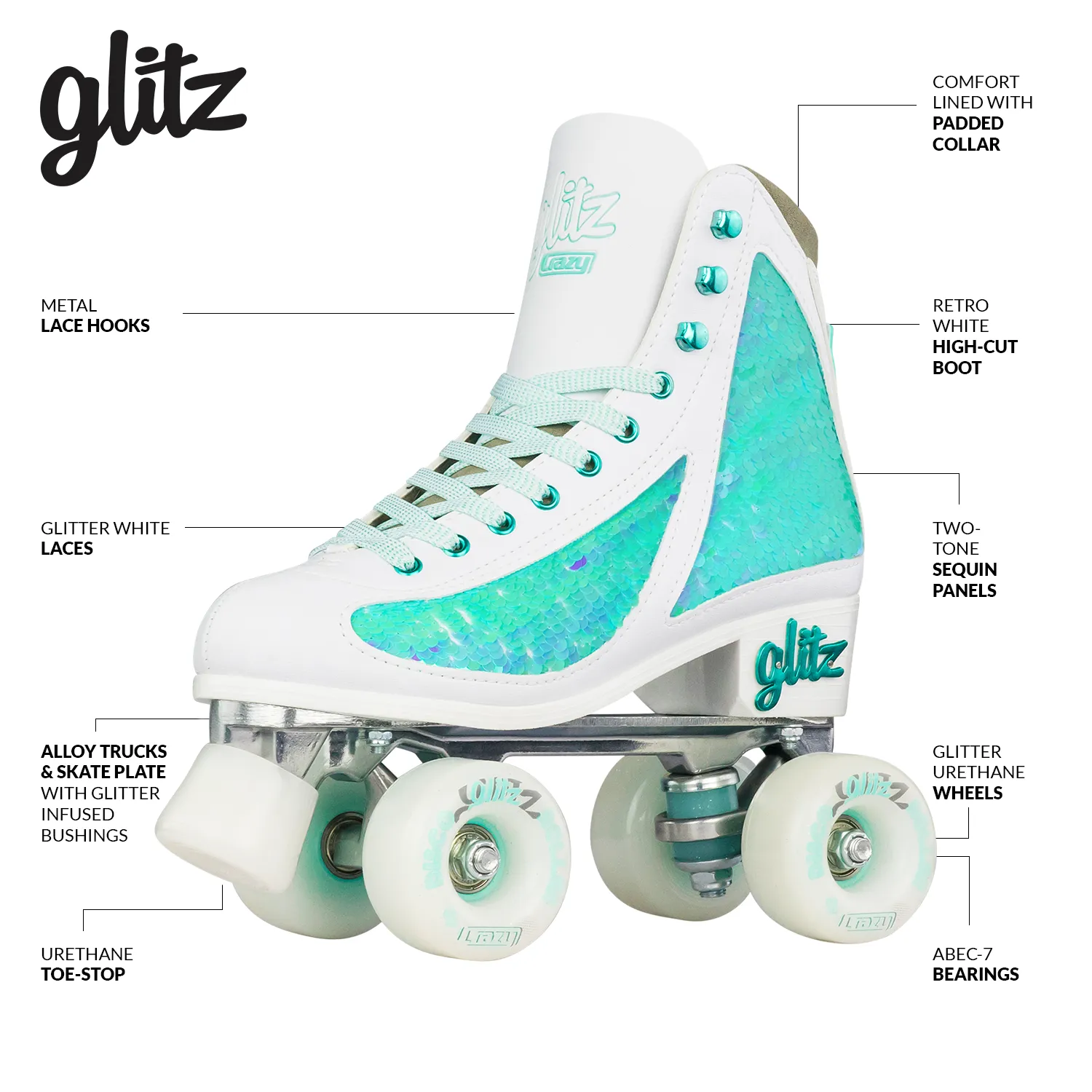 GLITZ Turquoise - Size Adjustable Roller Skates