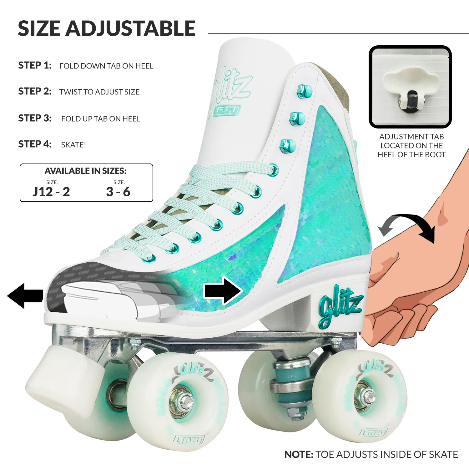 GLITZ Turquoise - Size Adjustable Roller Skates