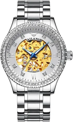 Gold Automatic Watches Men Business Hollow Skeleton Luxury Mechanical Watch with Diamond Bezel