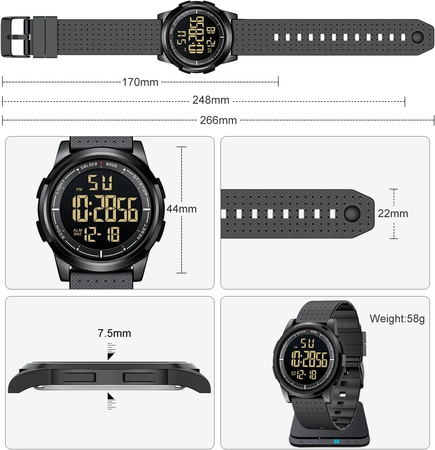 GOLDEN HOUR Ultra-Thin Minimalist Sports Waterproof Digital Watches Men with Wide-Angle Display Rubber Strap Wrist Watch for Men Women