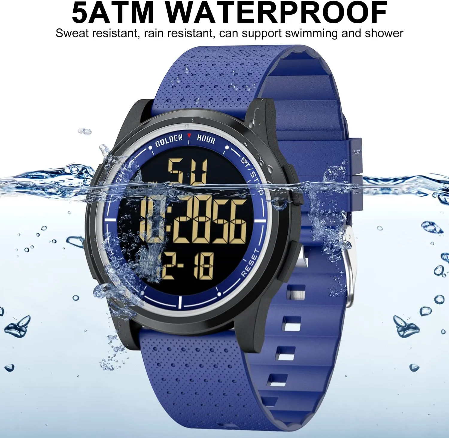 GOLDEN HOUR Ultra-Thin Minimalist Sports Waterproof Digital Watches Men with Wide-Angle Display Rubber Strap Wrist Watch for Men Women